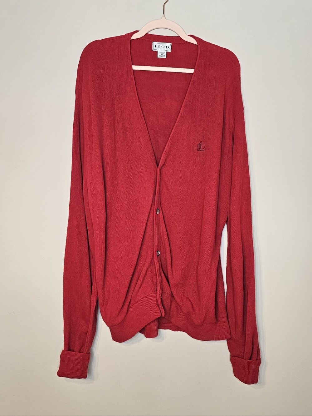 Vintage 90s Izod Cardigan Sweater Made in USA Embroidered Spell Out Crest XL Red